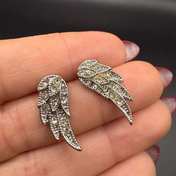 Jewelry - Silver Tone and Rhinestone Wing Earrings Delicate Dainty